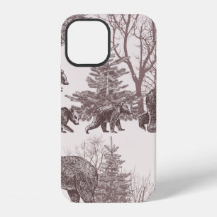 Landscape with bears, cubs, winter trees and fir t iPhone 12 case