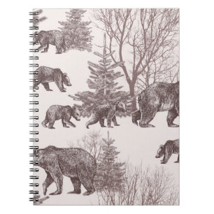 Landscape with bears, cubs, winter trees and fir t notebook