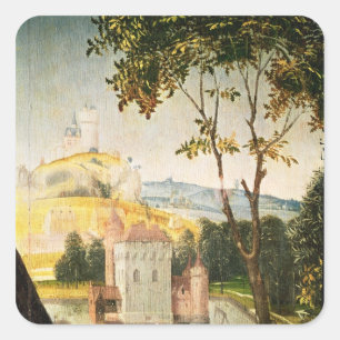 Landscape with castle in a moat and two swans square sticker