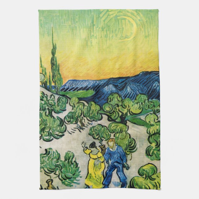 Landscape with Couple Walking by Vincent van Gogh Tea Towel (Vertical)