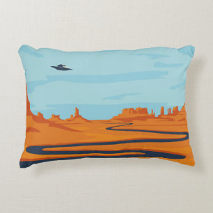 landscape with deserted valley, mountains, dark w decorative cushion