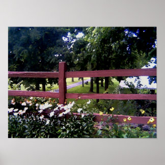 Landscape with fence and flowers poster