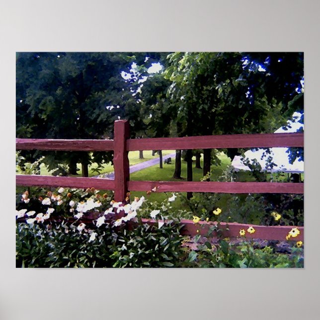 Landscape with fence and flowers poster (Front)