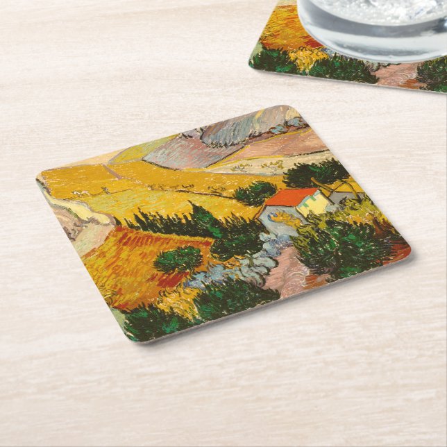Landscape with House and PloughmaVincent van Gogh  Square Paper Coaster (Angled)