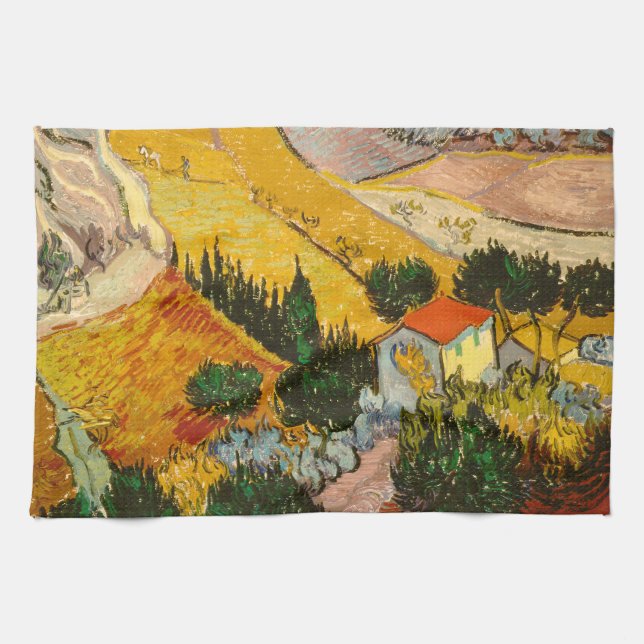 Landscape with House and PloughmaVincent van Gogh  Tea Towel (Horizontal)