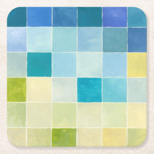 Landscape with Multicolored Pixilated Squares Square Paper Coaster
