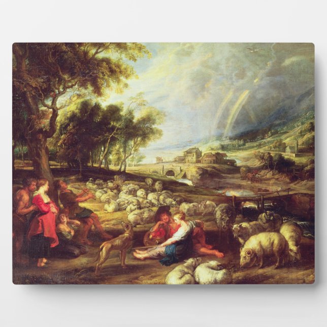 Landscape with Rainbow (oil on canvas) Plaque (Front)