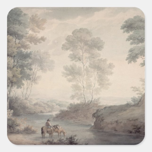 Landscape with River and Horses Watering Square Sticker (Front)