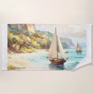 Landscape with sea and sailing ships beach towel