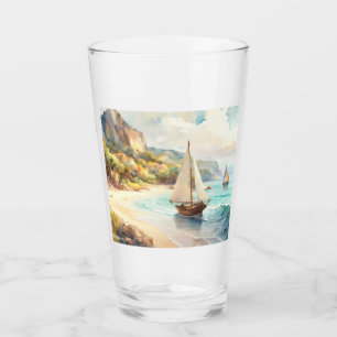 Landscape with sea and sailing ships glass
