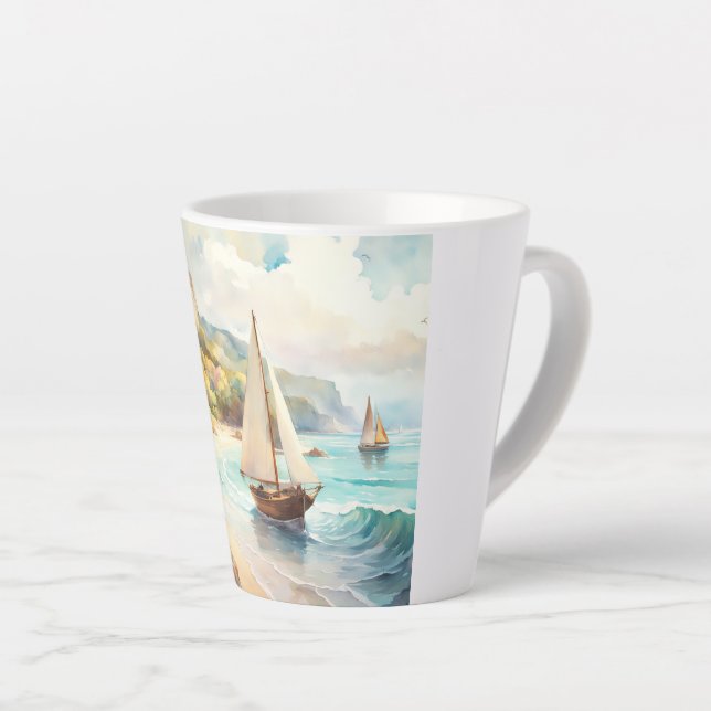 Landscape with sea and sailing ships latte mug (Right Angle)