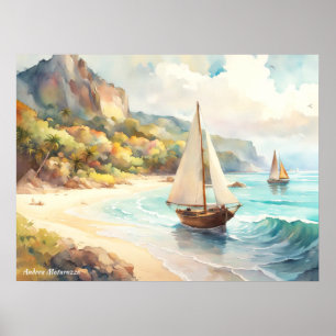 Landscape with sea and sailing ships poster