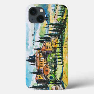 Landscape with town and cypress trees iPhone 13 case
