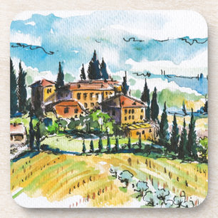Landscape with town and cypress trees coaster