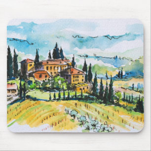 Landscape with town and cypress trees mouse pad