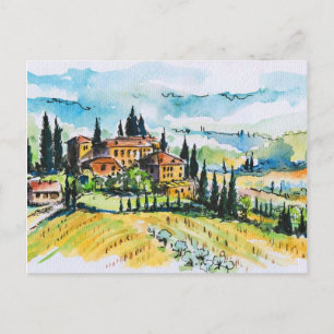 Landscape with town and cypress trees postcard