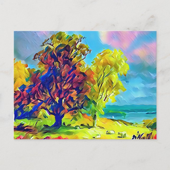 Landscape with trees and sheep  postcard (Front)