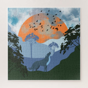 Landscape Wolf Sun Mountains Jigsaw Puzzle