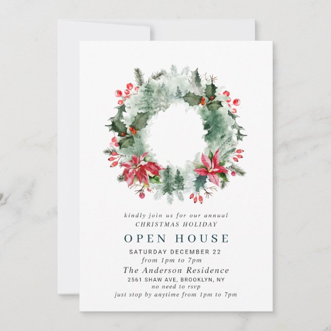 Landscape Wreath CHRISTMAS HOLIDAY OPEN HOUSE Invitation (Front)