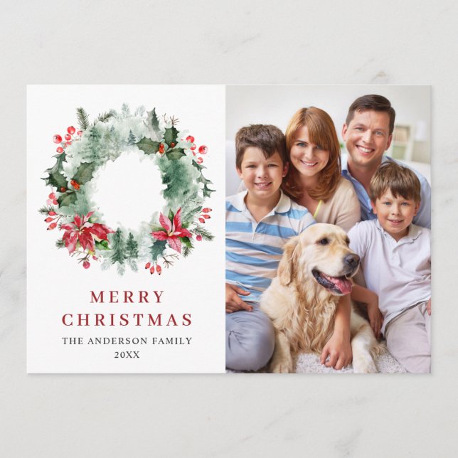 Landscape Wreath Holly Berry Pine 3 PHOTO Greeting Holiday Card (Front)