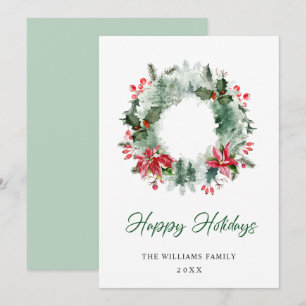 Landscape Wreath Holly Berry Pine Forest Christmas Holiday Card