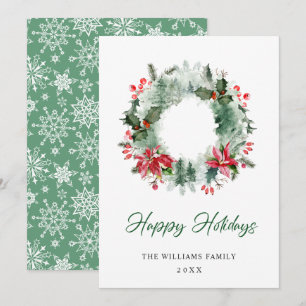 Landscape Wreath Holly Berry Pine Forest Christmas Holiday Card