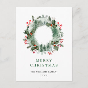 Landscape Wreath Holly Berry Pine Forest Christmas Postcard