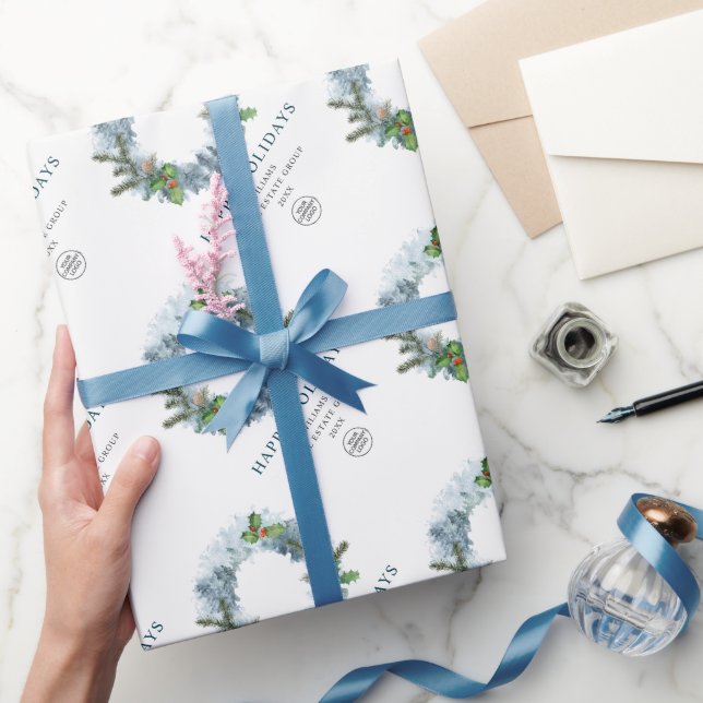 Landscape Wreath Holly Berry Pine Forest Christmas Wrapping Paper (Gifting)