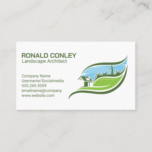 Landscaper Cutting Lawn | Garden Services Business Card (Front)