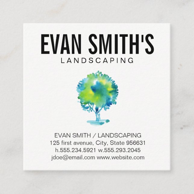 Landscaping Architecture | Watercolor Tree Square Business Card (Front)