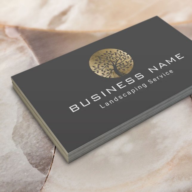 Landscaping Lawn Care Modern Gold Tree Logo Busine Business Card (Creator Uploaded)