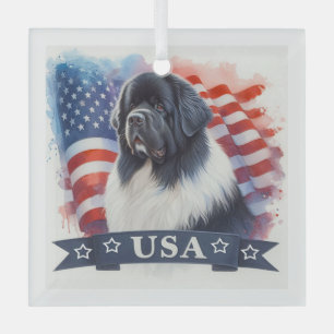 Landseer Newfoundland Dog Patriotic Glass Tree Decoration