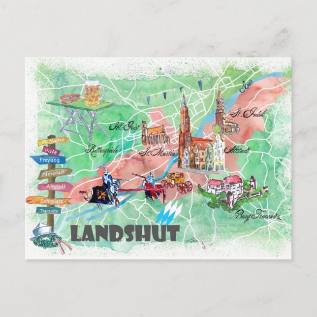 Landshut Bavaria Illustrated Map with Main Roads Postcard (Front)