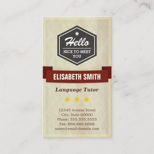 Language Tutor - Retro Grunge Style Business Card (Front)