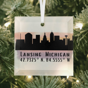 Lansing MI City Skyline Latitude and Longitude  Glass Tree Decoration