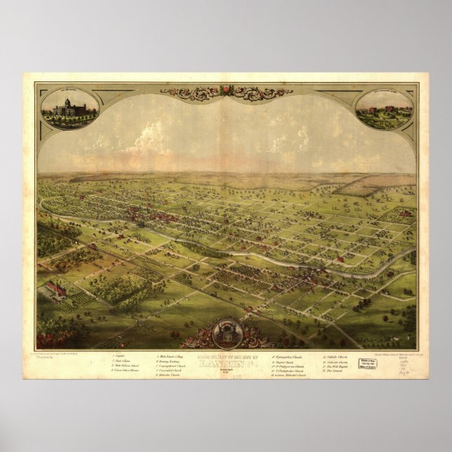 Lansing Michigan 1866 Antique Panoramic Map Poster (Front)