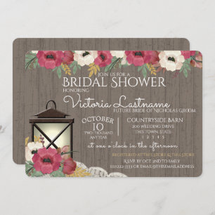Lantern and Flowers Burgundy Bridal Shower Invitation