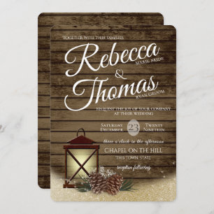 Lantern and Pine Cones Rustic Winter Wedding Invitation
