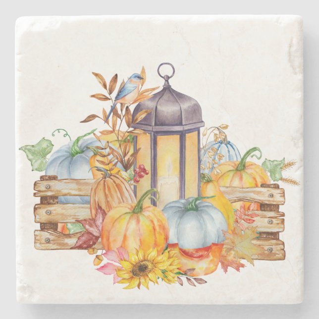 Lantern, Blue Bird and Sunflowers Stone Coaster (Front)