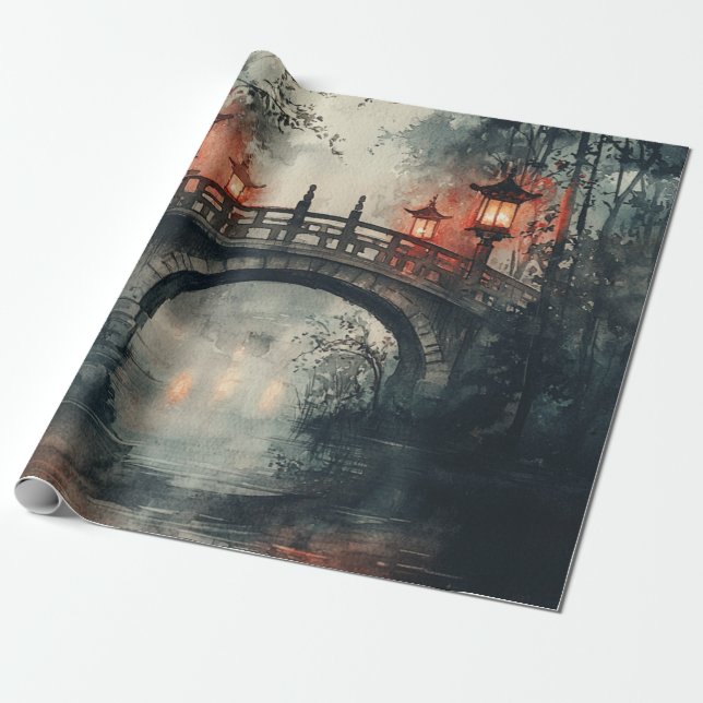 Lantern Bridge Moonlight Watercolor Wrapping Paper (Unrolled)