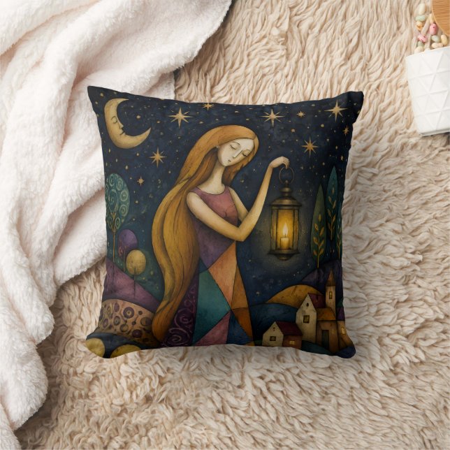LANTERN GIRL UNDER BLUE STARRY SKY CUSHION (Blanket)