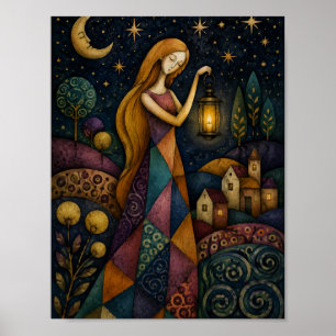 LANTERN GIRL UNDER BLUE STARRY SKY POSTER