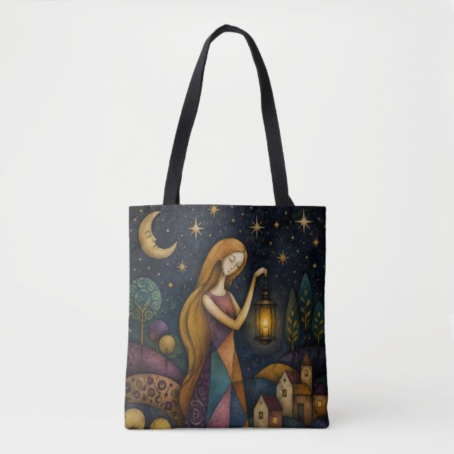 LANTERN GIRL UNDER BLUE STARRY SKY TOTE BAG (Front)