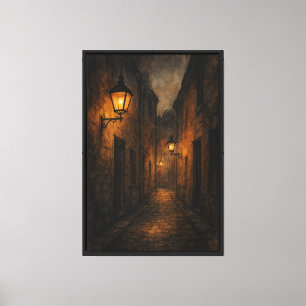 Lantern-Lit Alleyway in Charcoal and Watercolor Canvas Print