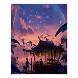 Lantern-Lit Twilight Pavilion Fantasy Scene Poster