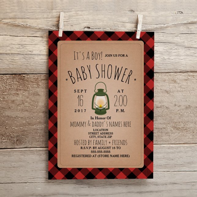 Lantern Lumberjack Plaid Baby Shower Invitation (Creator Uploaded)