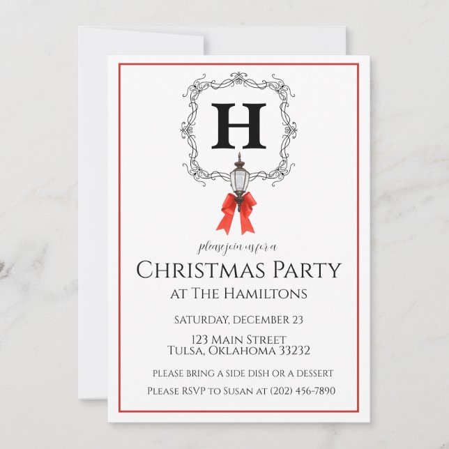 Lantern Red Stripe Christmas Party Invitation (Front)