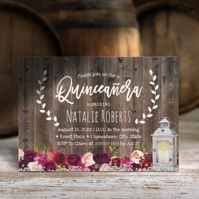 Lantern Rustic Burgundy Floral Quinceanera 15 Invitation (Creator Uploaded)