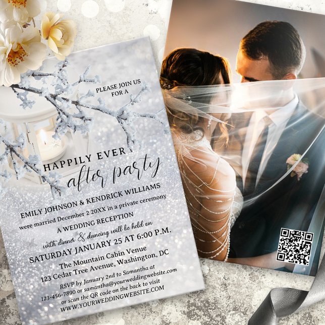 Lantern Snow Winter Elope Wedding Reception Only Invitation (Wedding reception only or happily ever after invitation with a candle lit lantern in sparkling snow)