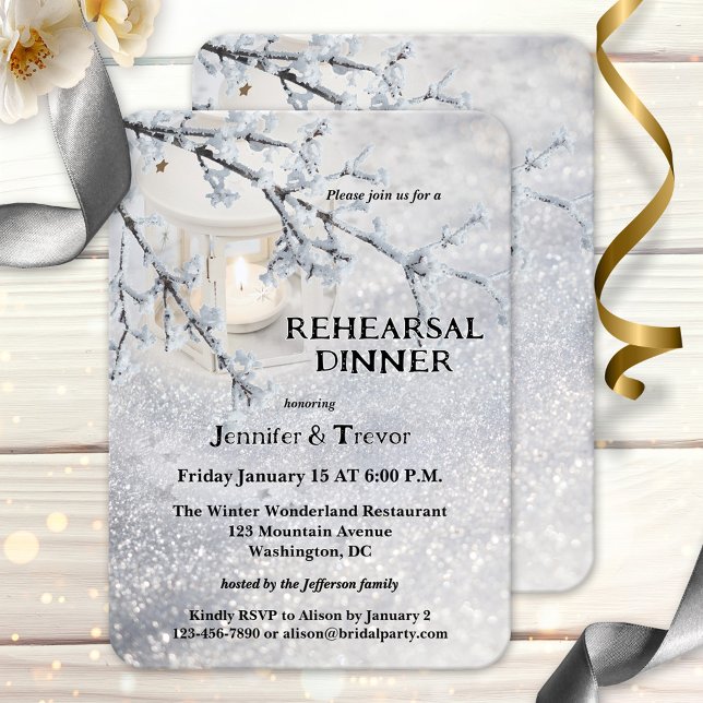 Lantern Snow Winter Rehearsal Dinner Invitation (Rehearsal dinner invitation showing a winter scene with a candle lit lantern in sparkling snow)
